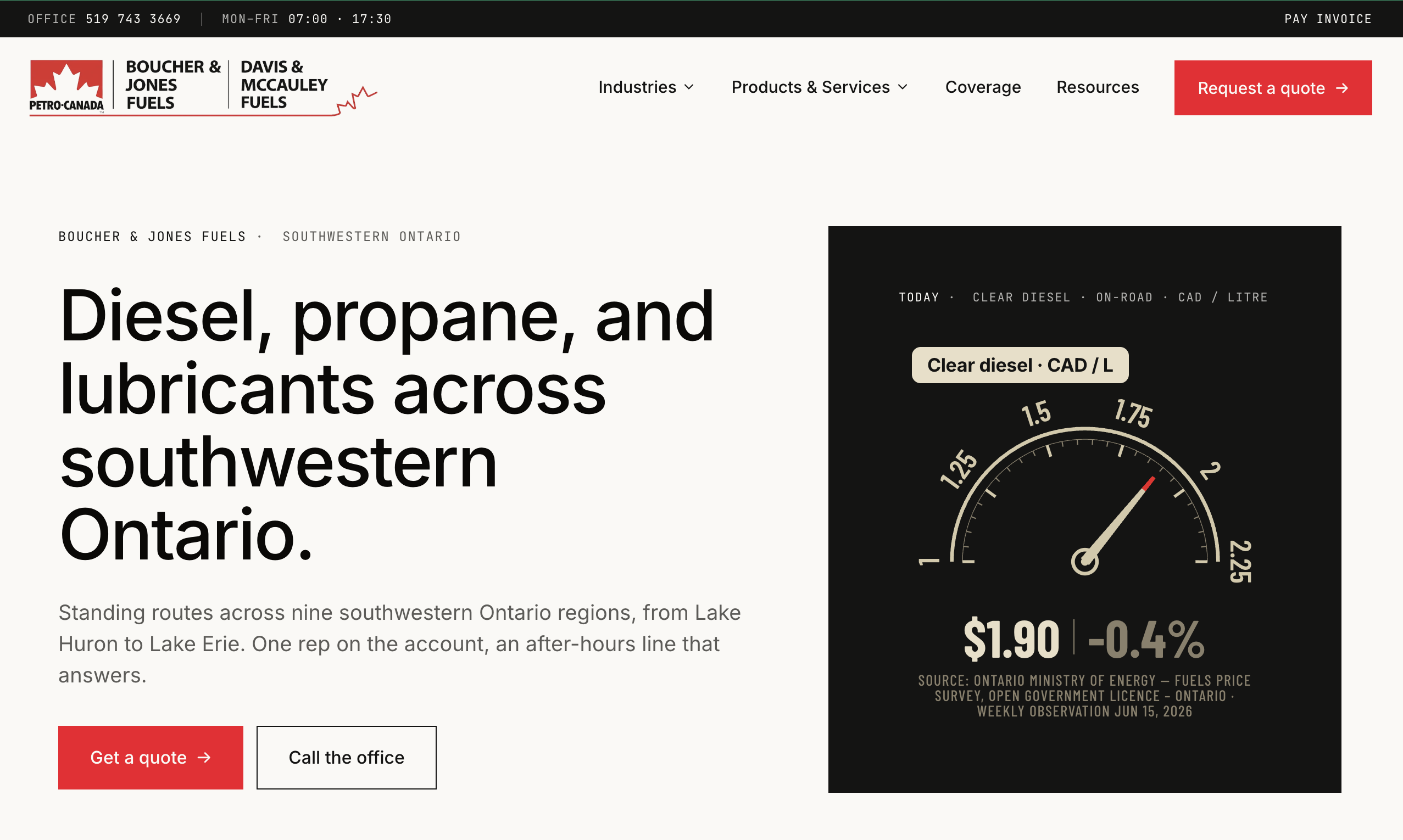 Boucher & Jones Fuels home page header: large headline reading 'Diesel, propane, and lubricants across southwestern Ontario,' a Get-a-quote button, and an embedded dark panel showing today's Ontario clear-diesel reference rate.